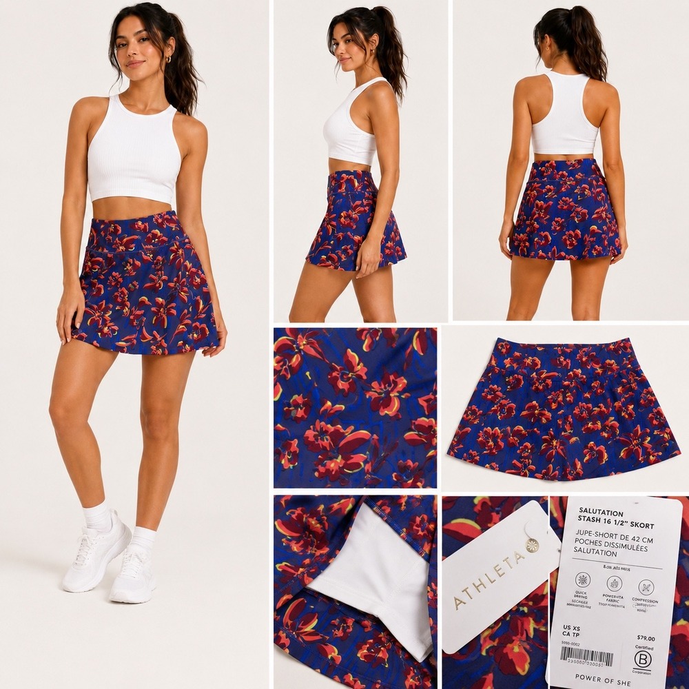 Athleta Salutation Stash 16.5" Skort XS Blue Floral Powervita Athletic Skirt NEW